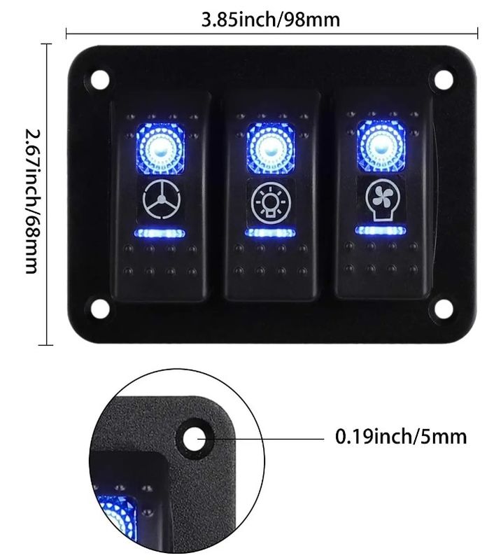 DC 12V 24V ブルー LED バックライト 3 ギャング アルミニウム 5ピン ON Off トーグル ロッカー スイッチ パネル