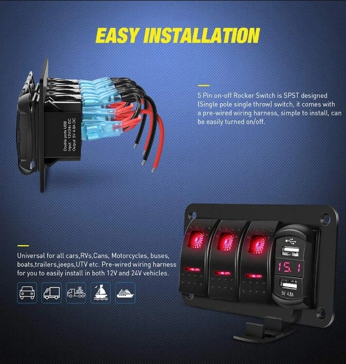 DC12V 24V 3 ギャング レッド LED ライト ロッカー スイッチ パネル ボックス デュアル 4.8A USB 充電器 ウォルトメーター 車用 海洋 トラック ボート