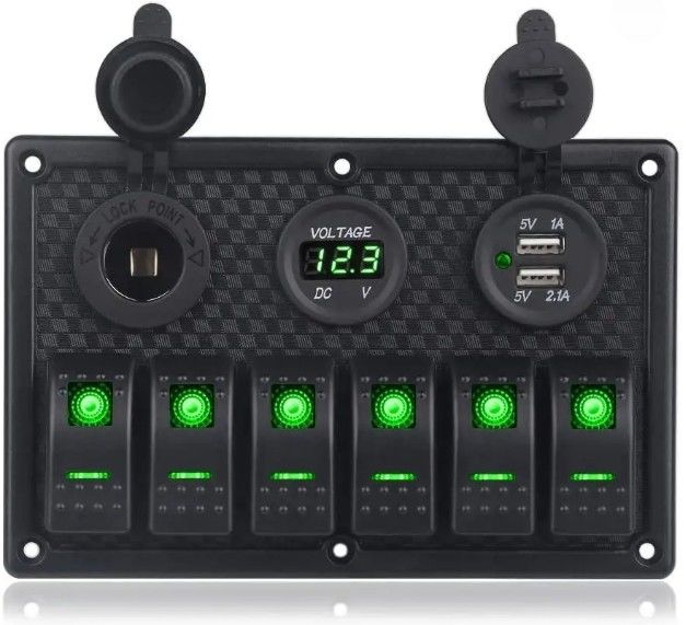 防水 海洋 ボート ロッカー スイッチ パネル 6 ギャング デュアル USB ソケット 3.1A ウォルト メーター 青色 LED ライト