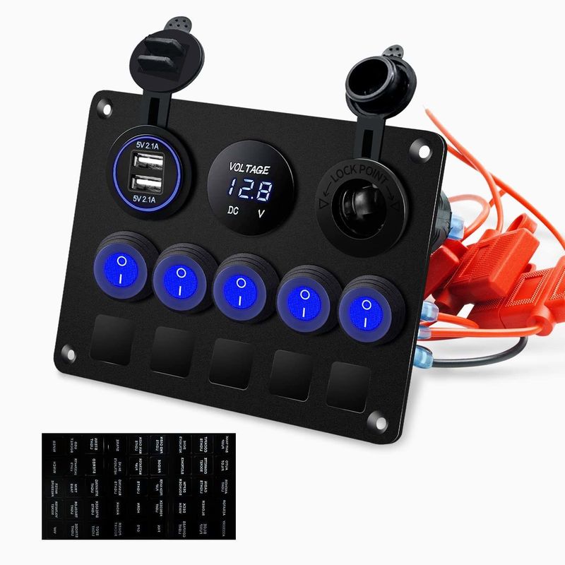 5 ギャング 防水 ロッカー スイッチ パネル 双 USB スロットソケット 青い LED ライト