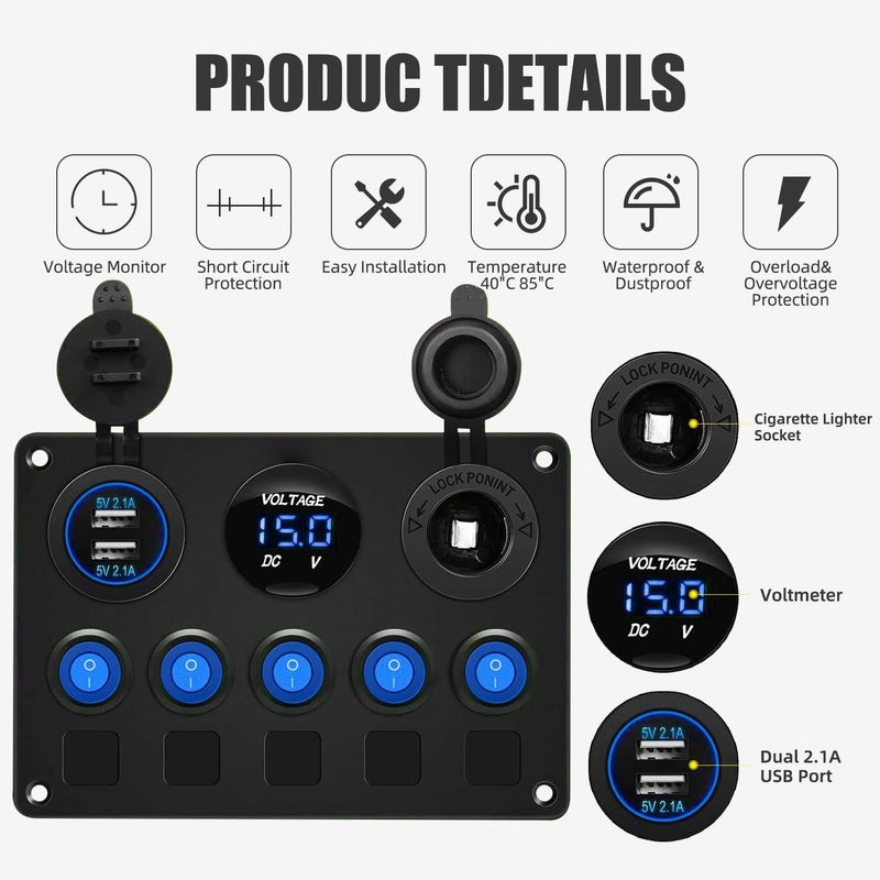 5 ギャング 防水 ロッカー スイッチ パネル 双 USB スロットソケット 青い LED ライト
