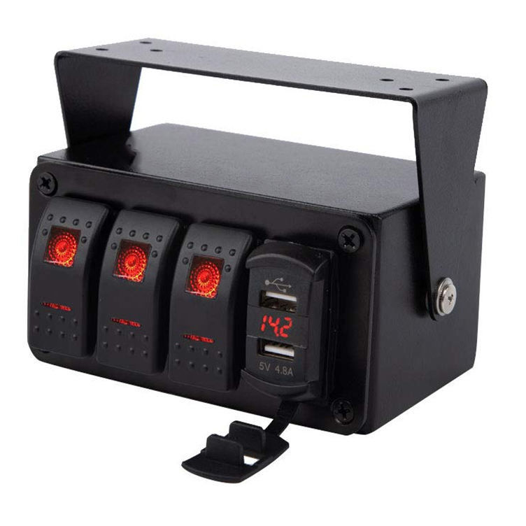 DC12V 24V 3 ギャング レッド LEDライト ロッカー スイッチ パネル ボックス デュアル 4.8A USB 充電器