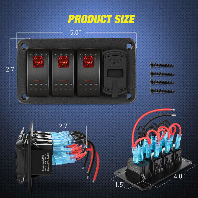 DC12V 24V 3 ギャング レッド LEDライト ロッカー スイッチ パネル ボックス デュアル 4.8A USB 充電器