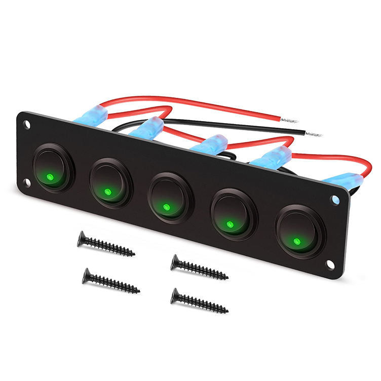 5 ギャング ロッカー スイッチ パネル 20A 3 ピン ON OFF 12V 緑色 トーグル スイッチ 車用 トラック ボート用